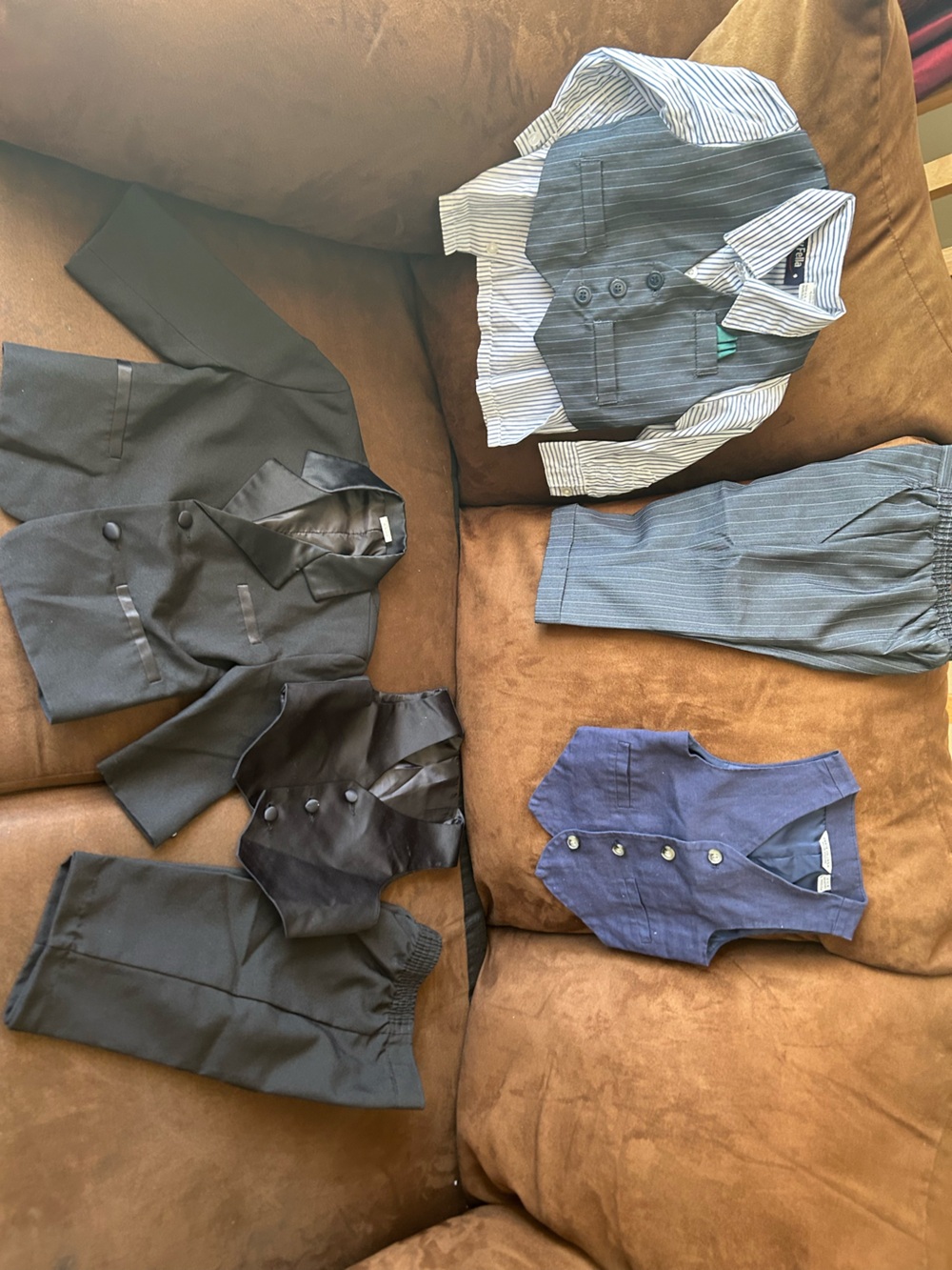 Lot of 3: Black tuxedo w/vest, Striped shirt/vest/pants, and navy vest (12-18M)